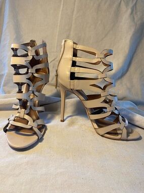 BCBGMaxAzria Bisque Elegant Leather Strappy Stiletto Sandals